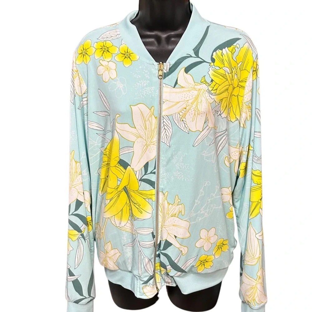 IMAN Track Jacket Women Large Blue Yellow Excellent Floral Grandmacore Retro Zip